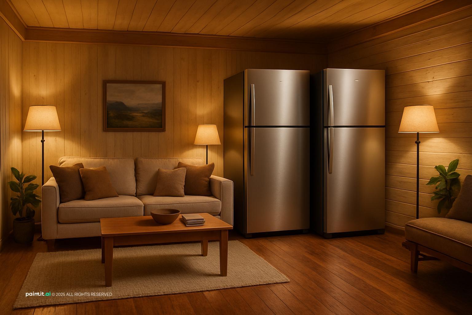 Cozy living room decor for apartment, warm wood tones, plush sofa, and seamless integration of appliances.
