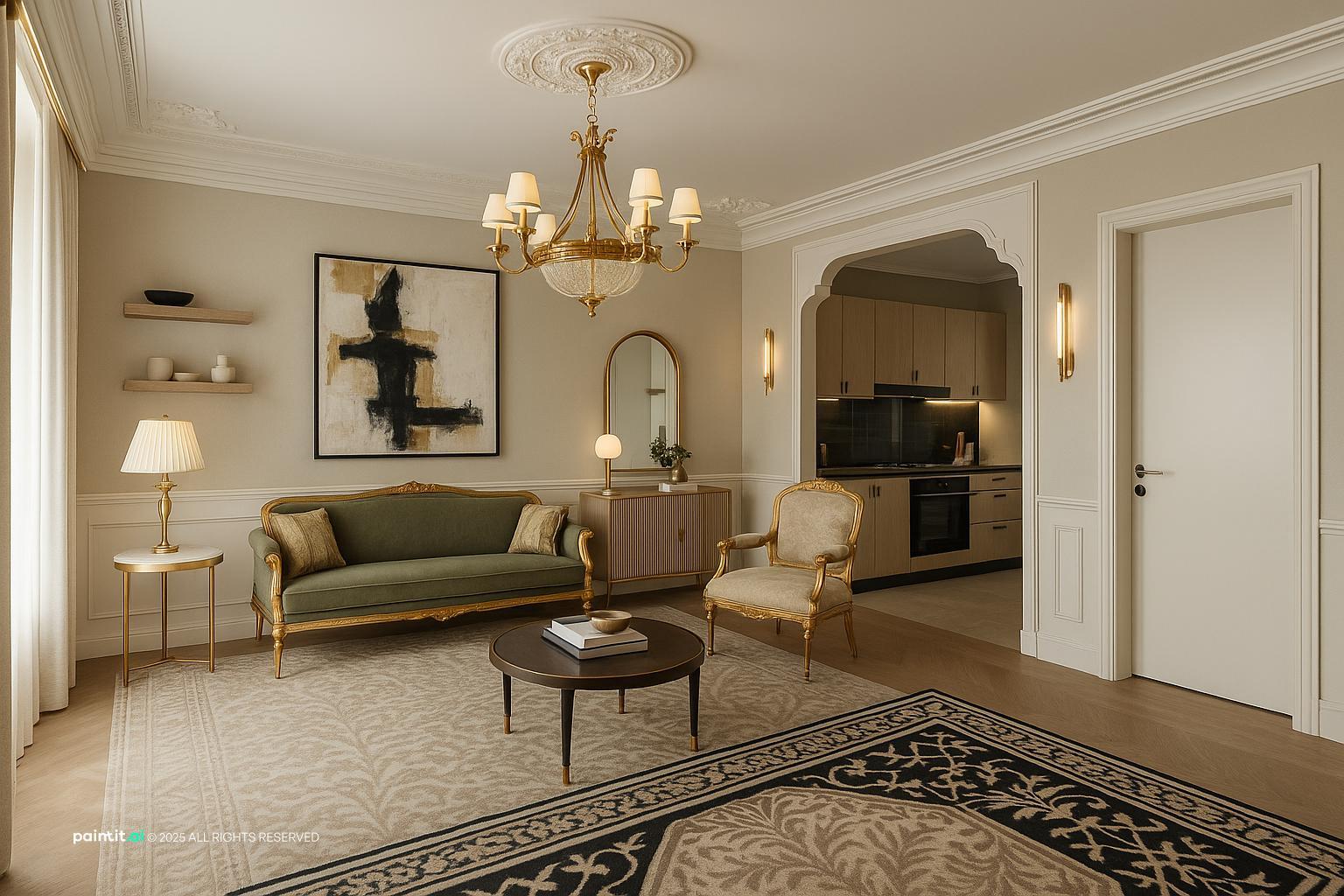 Regency-style drawing room with a crystal chandelier, a green settee, gilt mirror and a patterned rug
