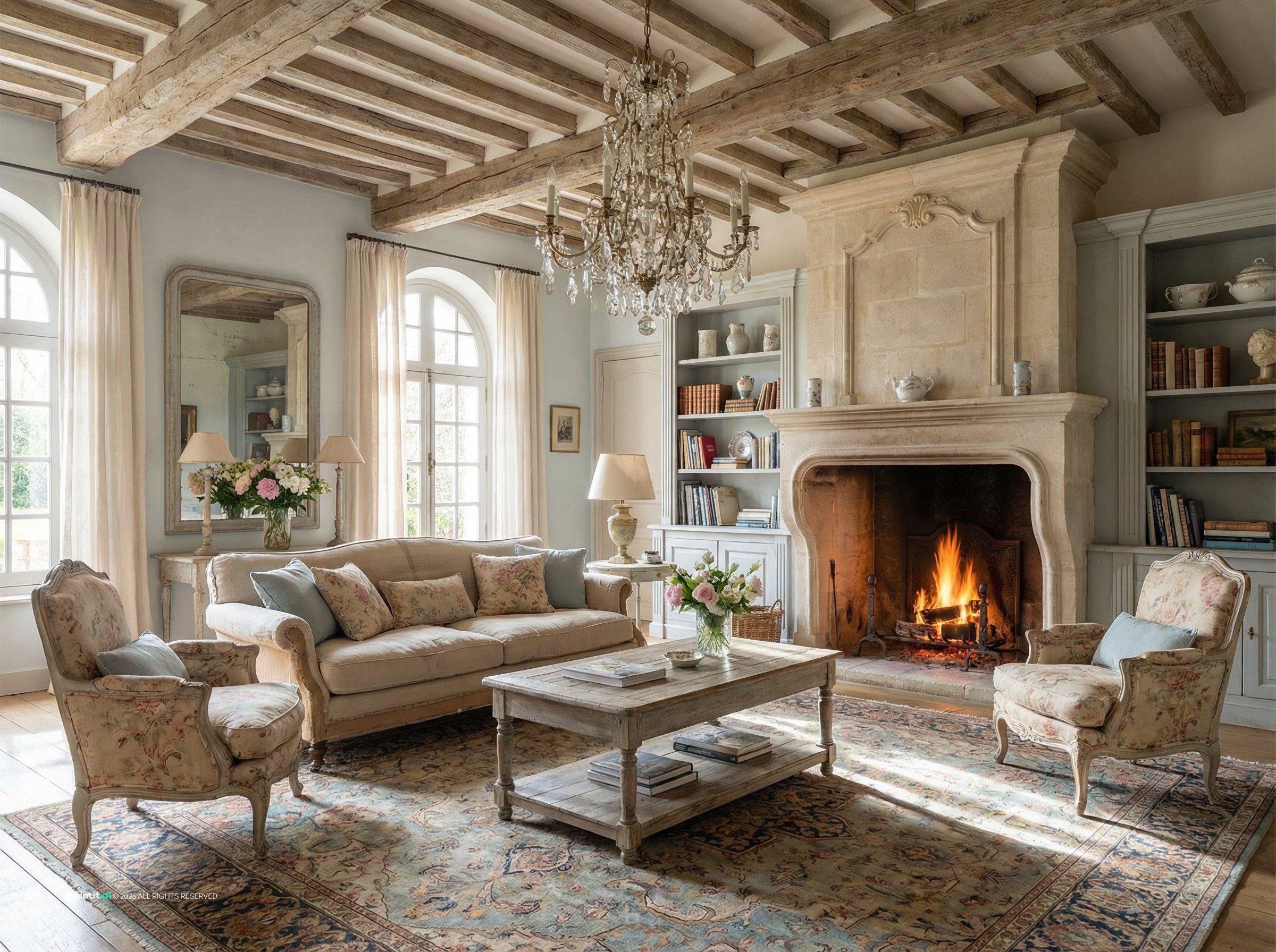 French country living room with arched windows, a stone fireplace, floral armchairs and a Persian rug