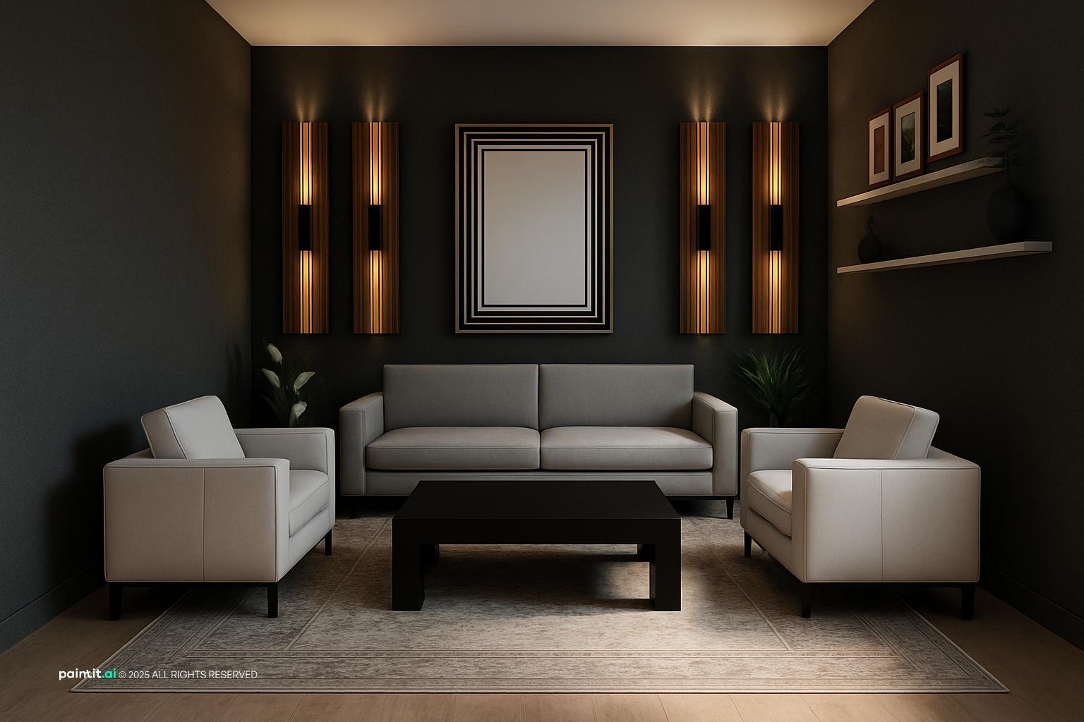 Light grey sofa and armchairs in front of a dark wall with lit niches