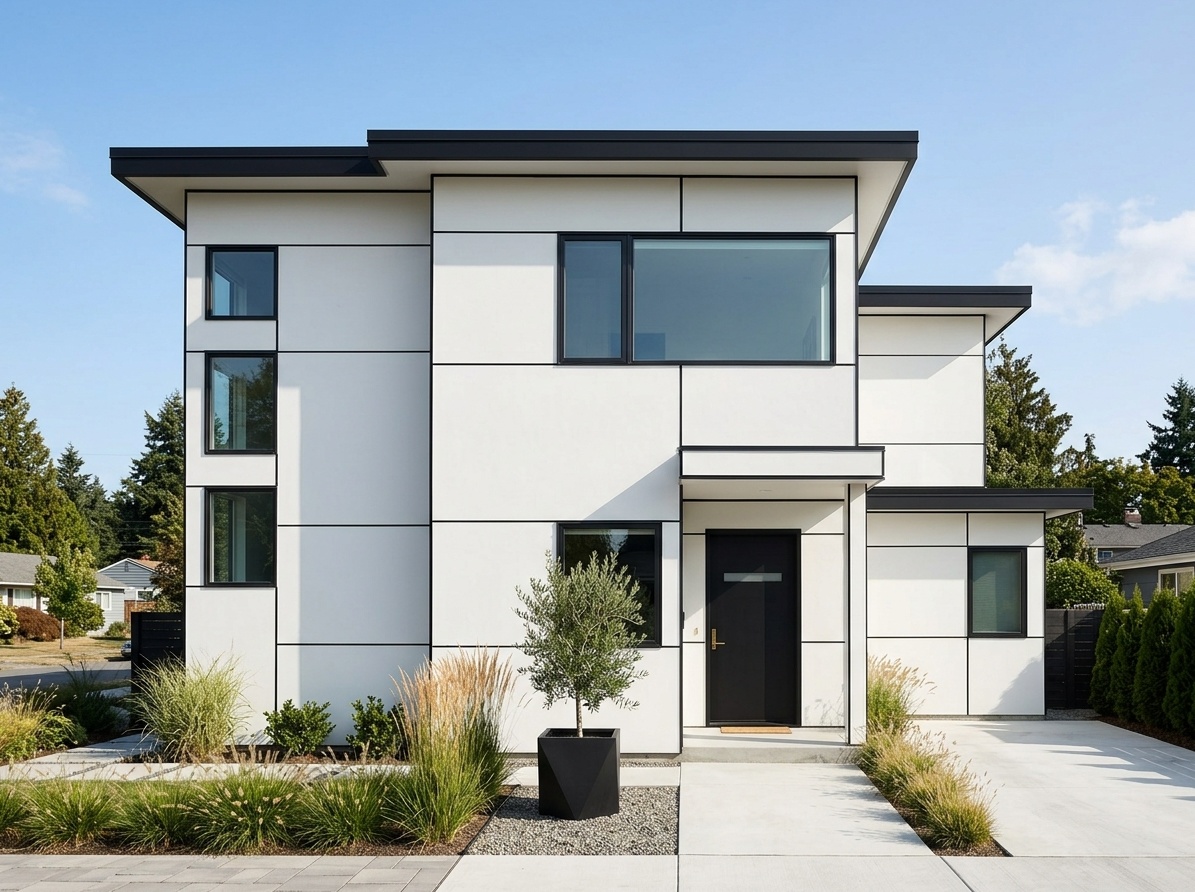 Sleek contemporary white house with black window frames and minimalist  black front door on smooth fiber cement panels