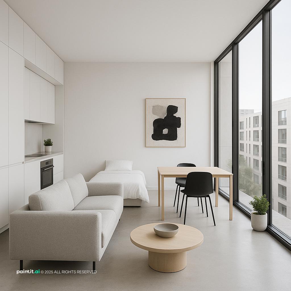 Minimalist compact interior with practical furniture placement