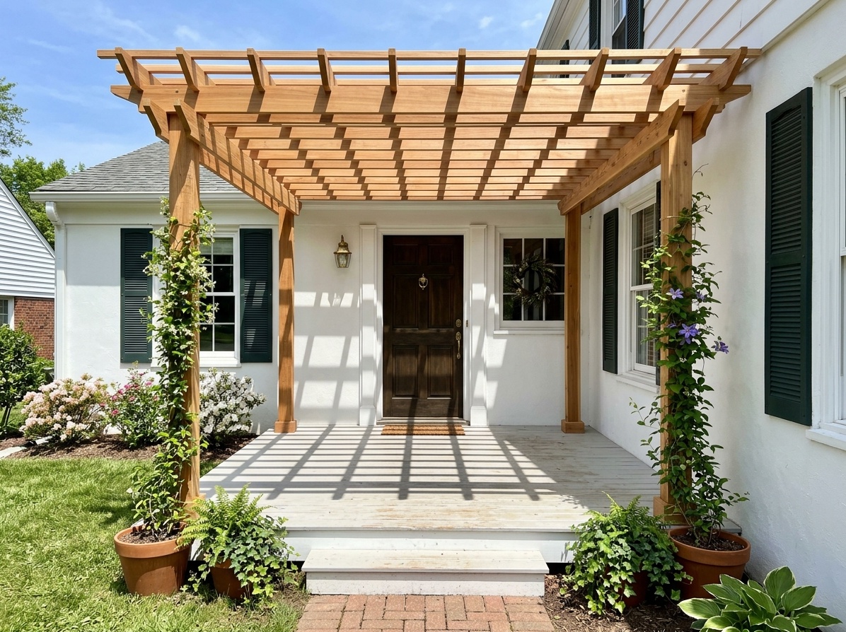 Front porch with cedar wood pergola overhead casting linear  shadow patterns on the porch floor, white house facade and climbing vines