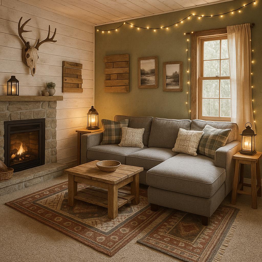 Cozy Farmhouse Cabin Living Room Design, adaptable for a zen living room on a budget.