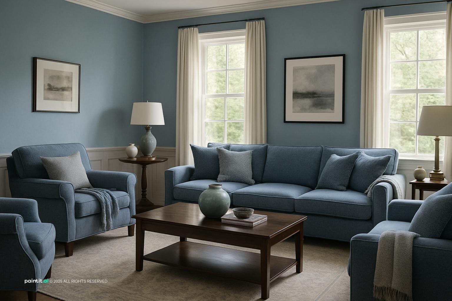 Living room with blue-grey walls, blue-grey sofas and a dark wood coffee table