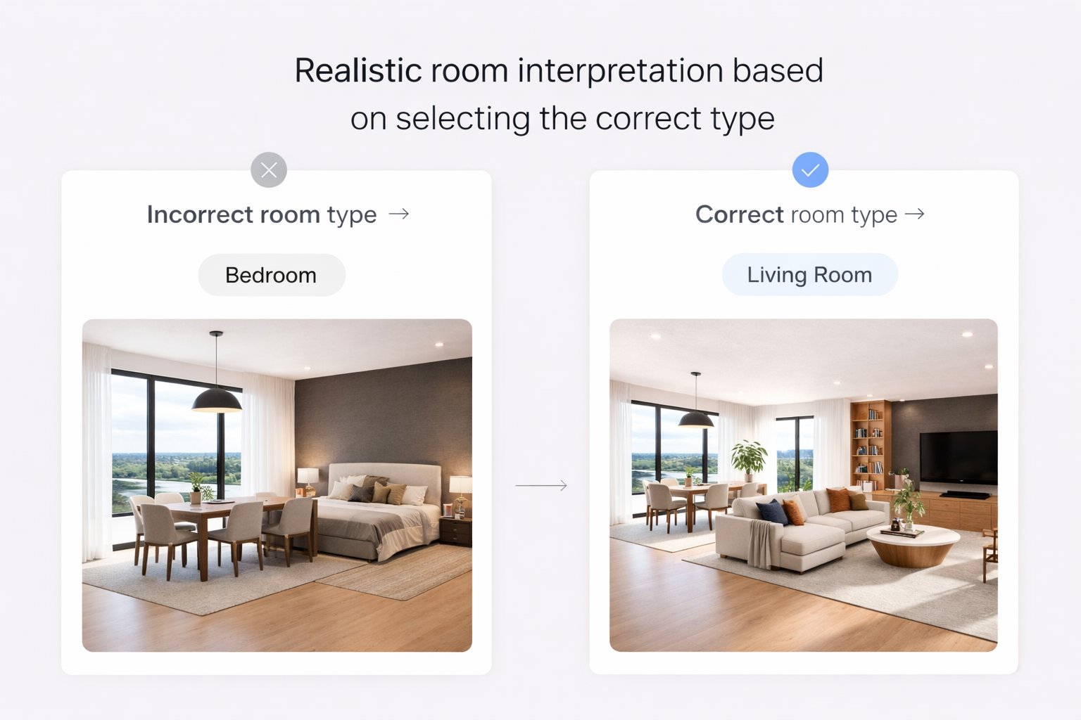 Comparison showing how room function and furniture logic improve when the correct space type is selected