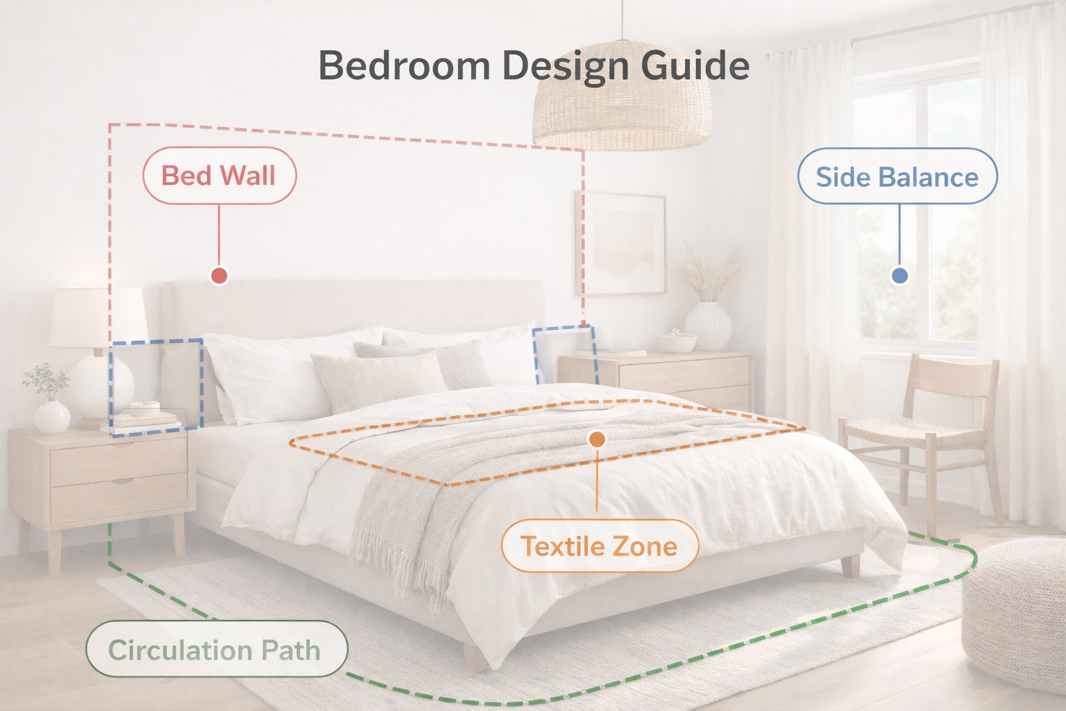Educational bedroom diagram showing bed wall, side balance, textile zone, and circulation
