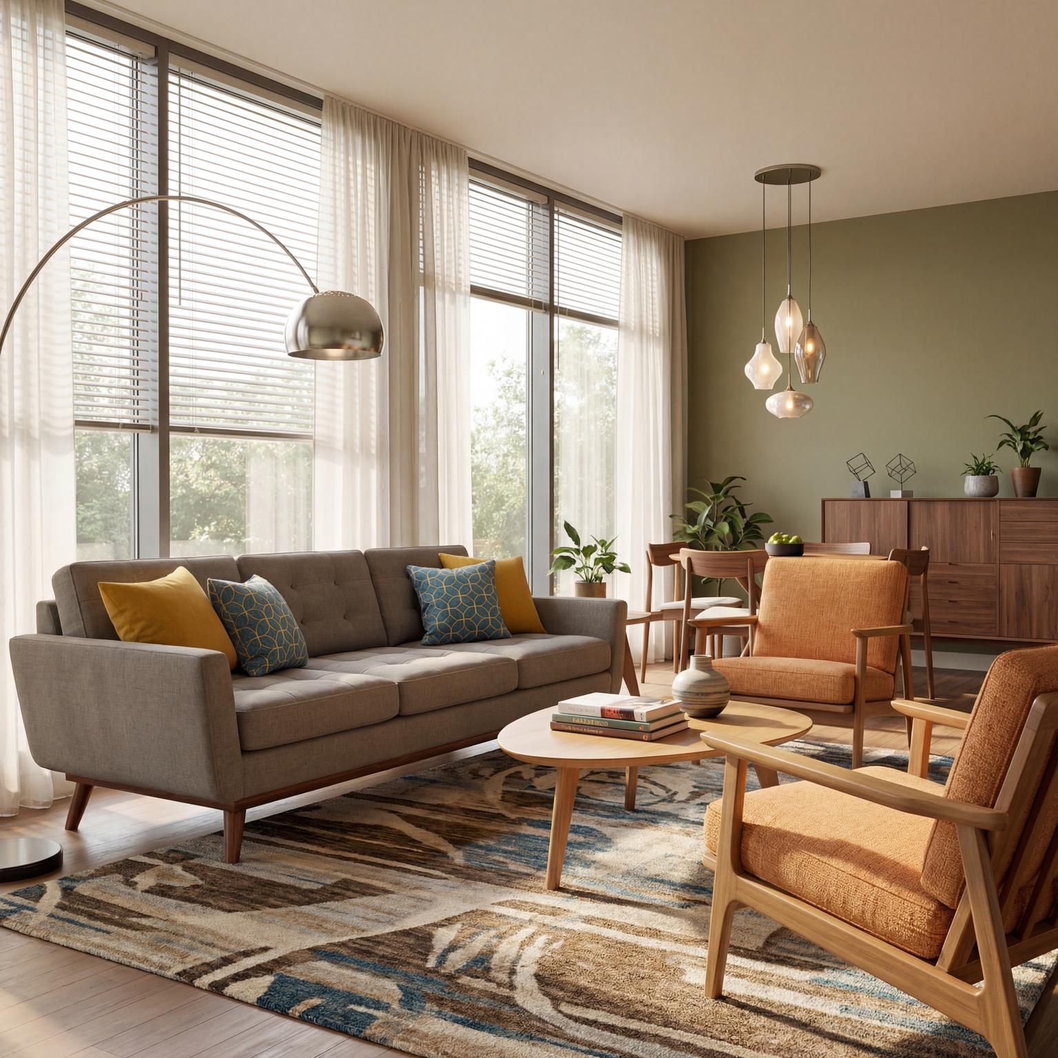 Explore stylish navy blue and burnt orange living room design ideas, blending Mid-Century Modern aesthetics with rich, inviting color accents.
