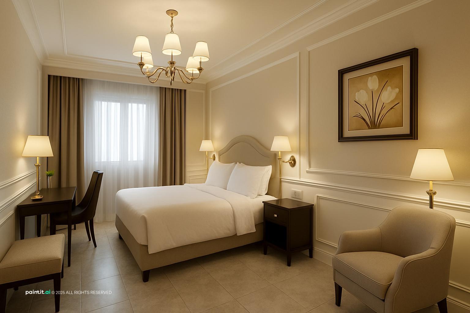 Elegant hotel room with beige walls above white wainscoting, a small chandelier, an armchair and a desk