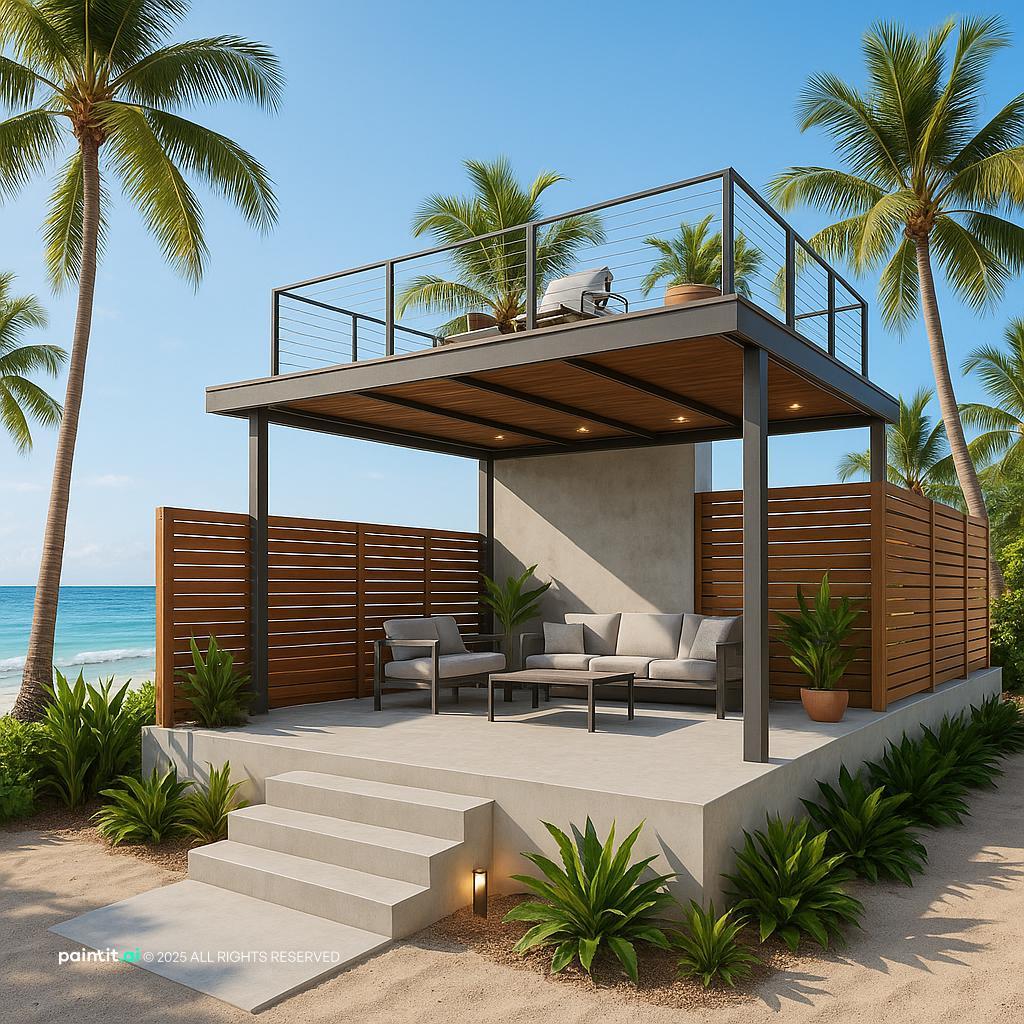 Tropical beachfront living room design; airy coastal space with natural textures and light palette for a relaxed beach house feel.