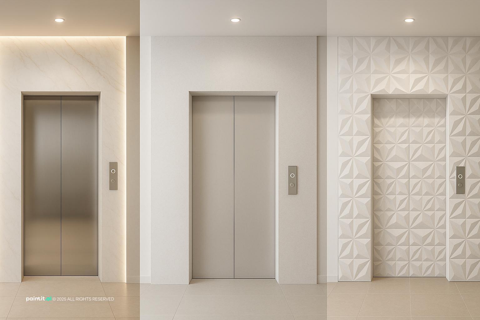 Elevator lobby with plain and textured white wall panels around two lift doors