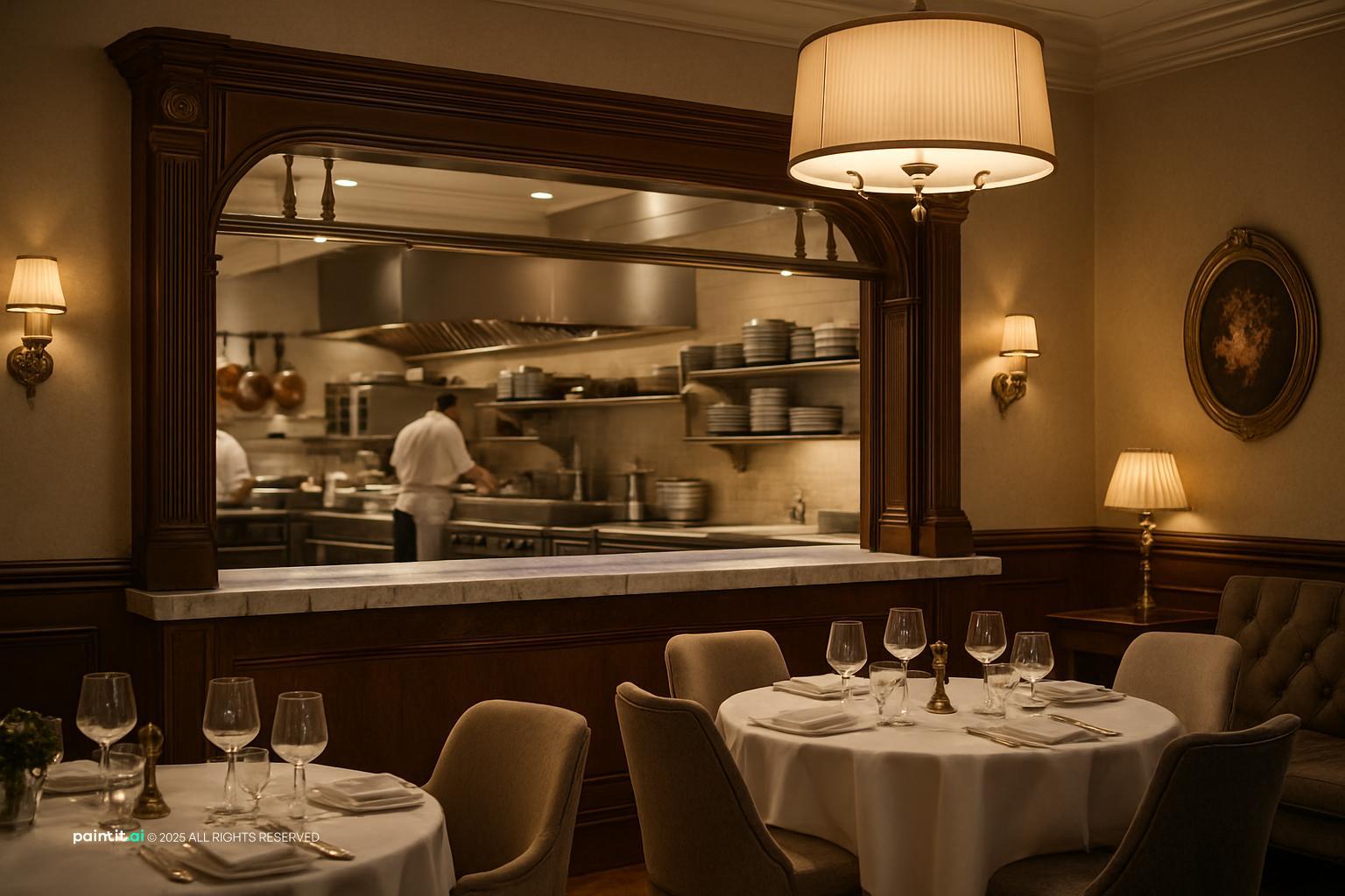 Fine-dining room with white tablecloths, warm pendant lights and a view into the kitchen pass