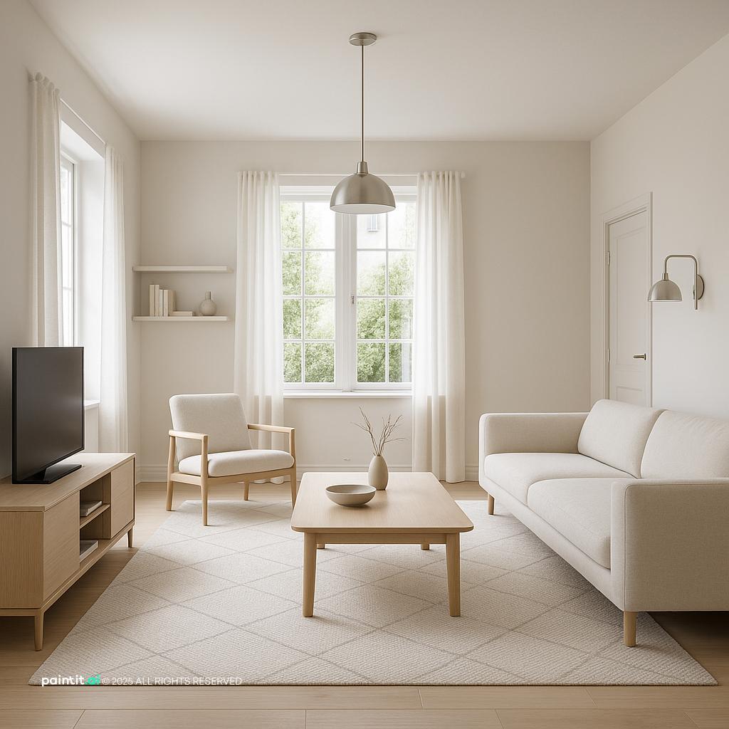 Contemporary Living Room Redesign with Metal Accents showing metal accents, clean-lined furniture, layered neutrals for Living Room Makeover Ideas.