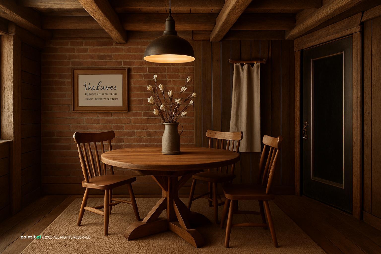Dining nook with a brick wall, a round wooden table, spindle chairs and a single pendant light