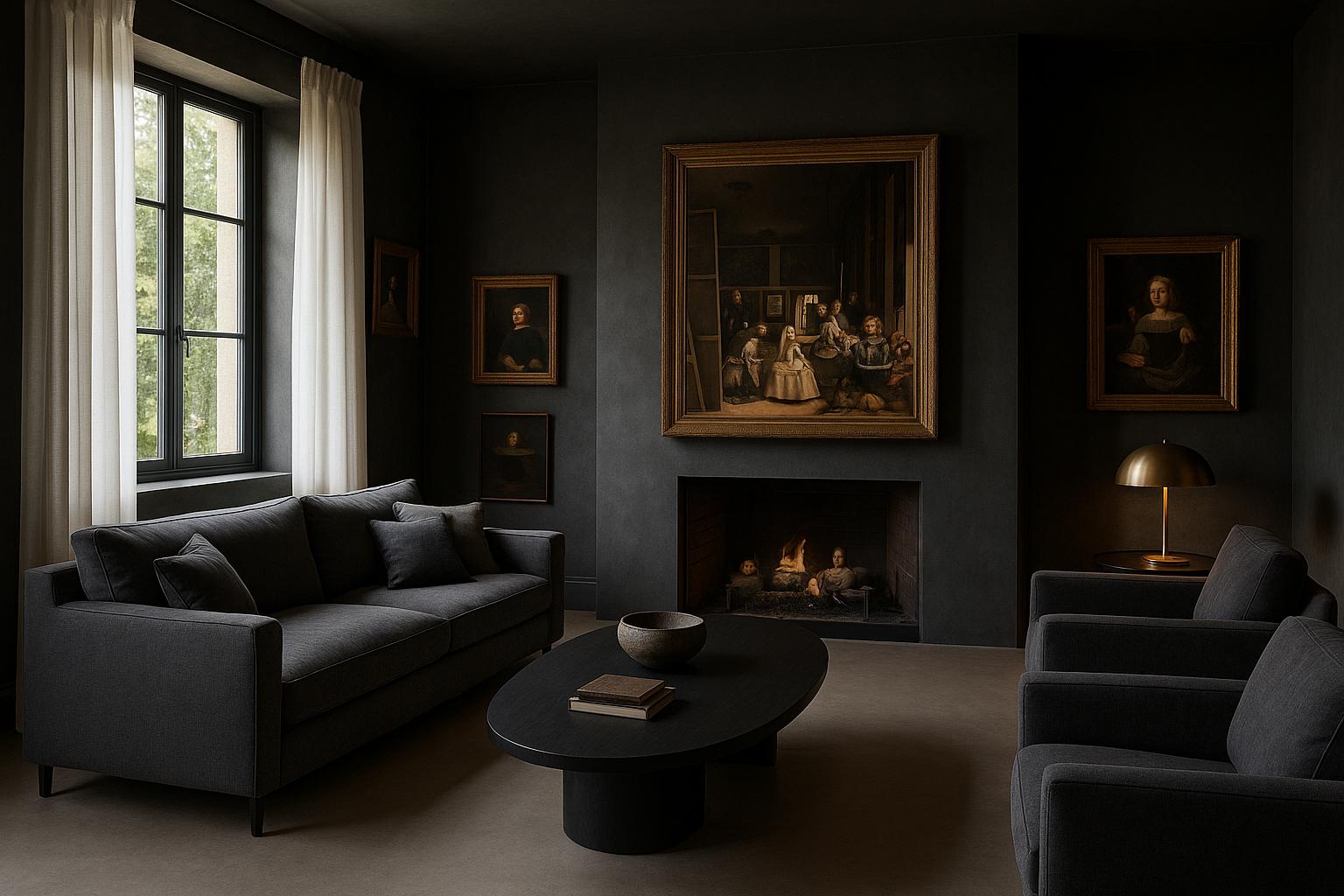 Double living room featuring dark grey fabric furniture in a conversational layout, defining an intimate, inviting zone.