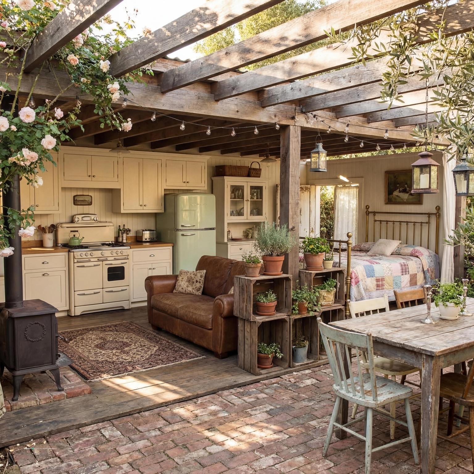 Charming vintage dark cottagecore living room and open kitchen, showcasing antique furniture, botanical prints, warm amber lighting, and rich, earthy tones.