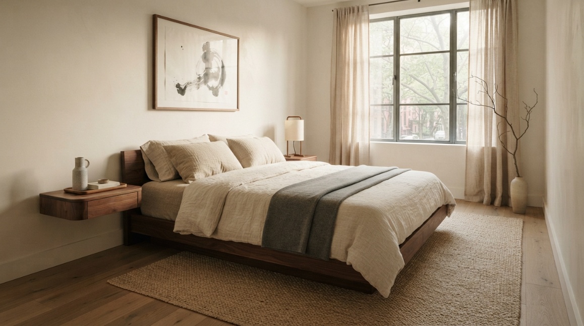 photorealistic compact bedroom, Japandi style, queen platform bed, linen bedding