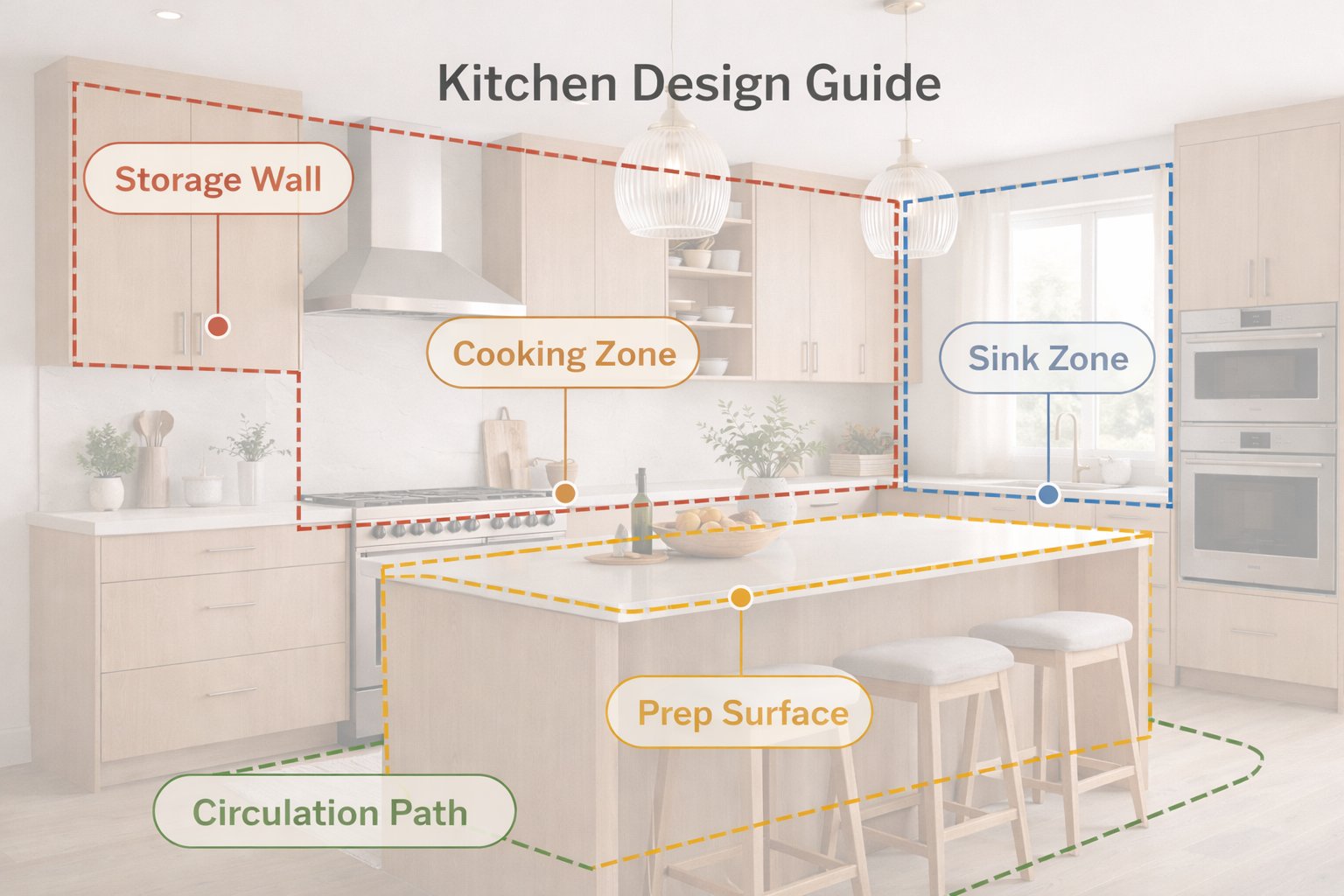 Educational kitchen diagram showing sink zone, cooking zone, storage wall, prep surface, and circulation