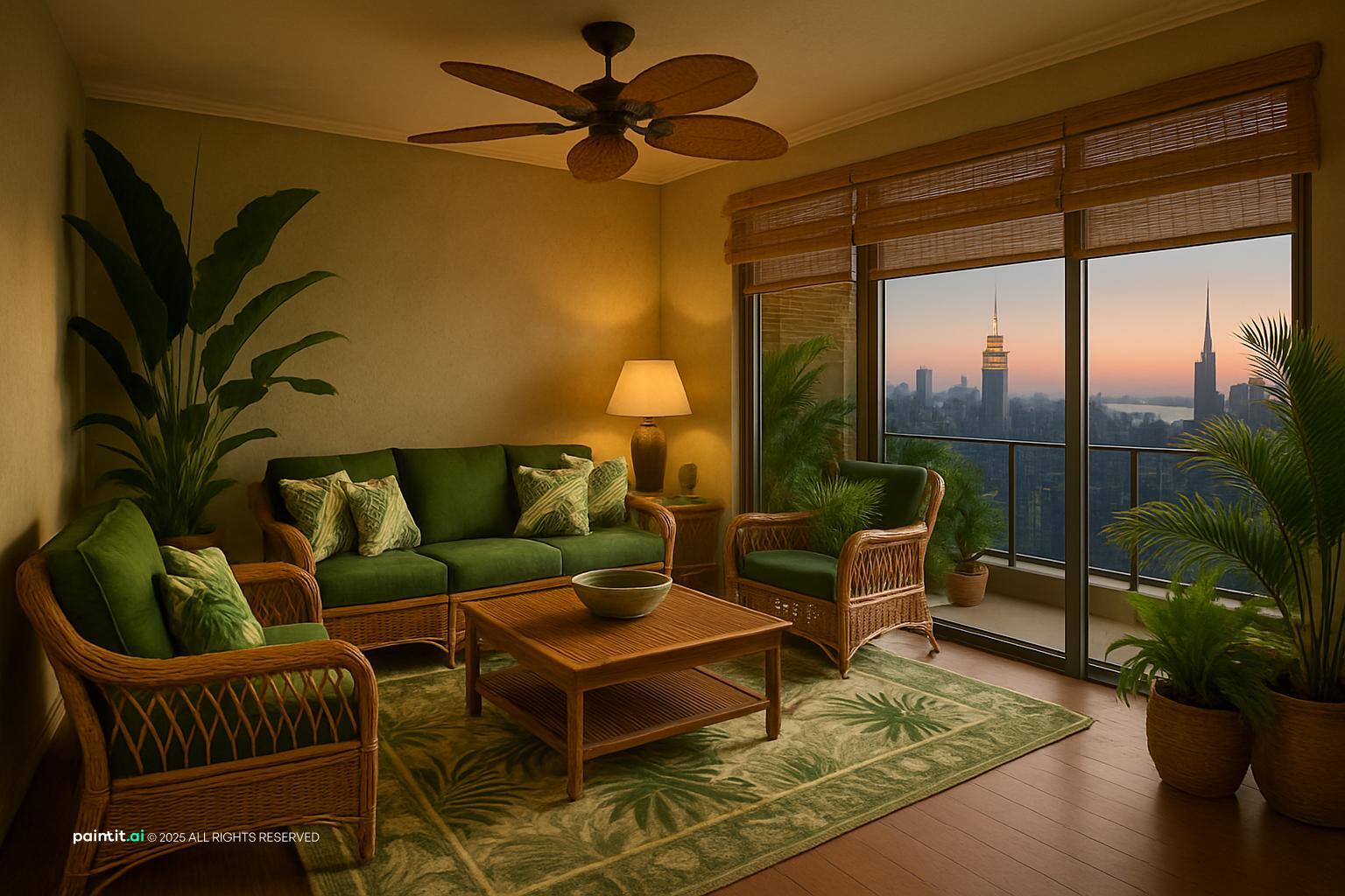Tropical living room with green palette and indoor plants