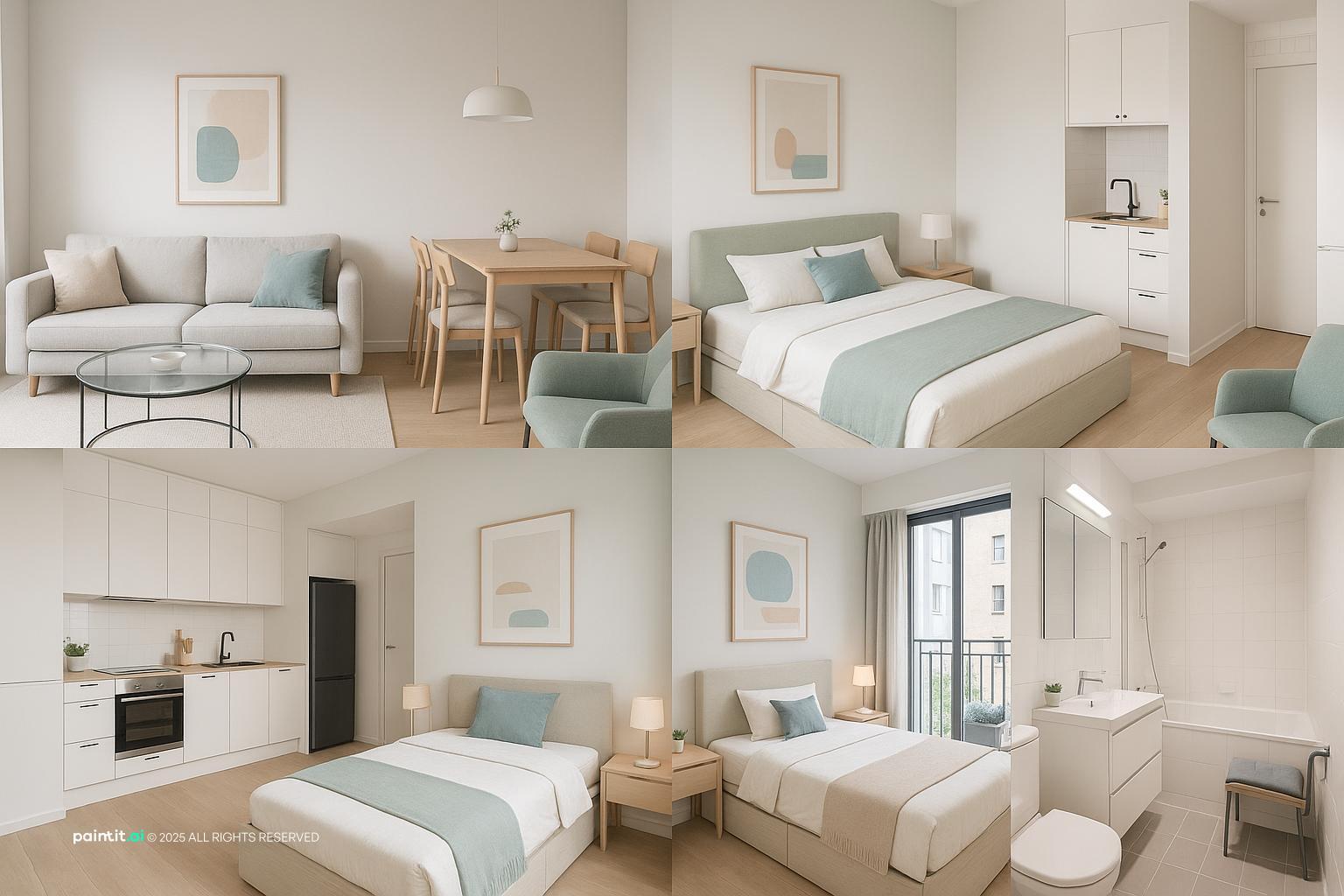 Light apartment in cream and sage with a living room, dining table, white kitchen and two bedrooms with sage bedding