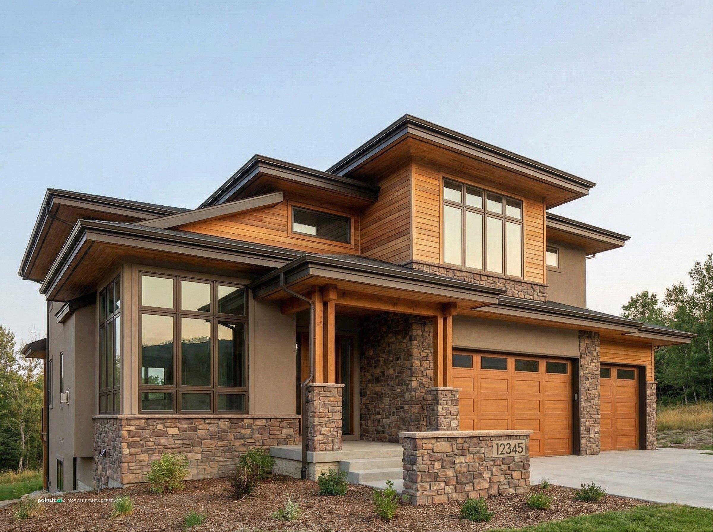 Modern prairie house with low hipped roofs, deep overhanging eaves, stacked stone, cedar siding and bands of windows