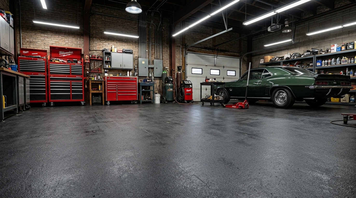 industrial-strength workshop garage floor with a thick dark charcoal epoxy coating