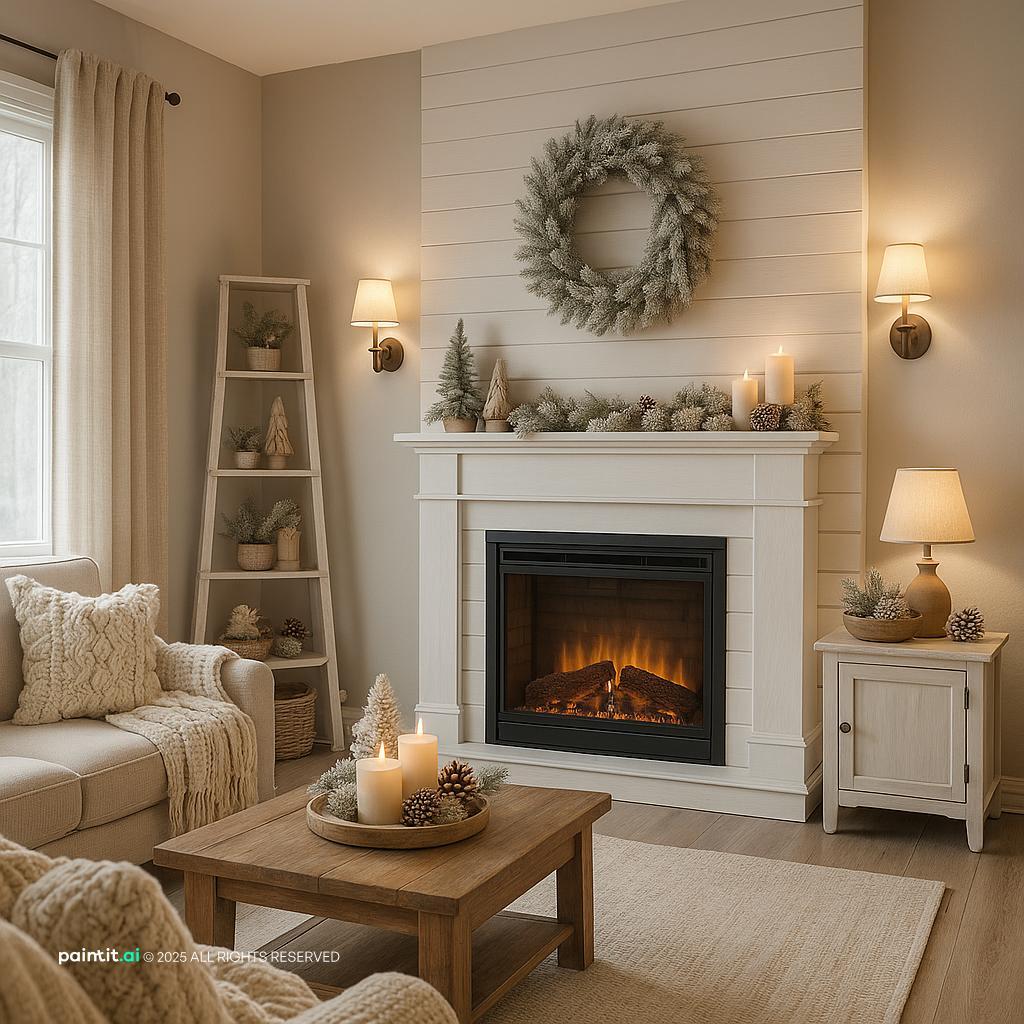 Living room with white paneling around a fireplace, a wreath, a ladder shelf and a cozy armchair