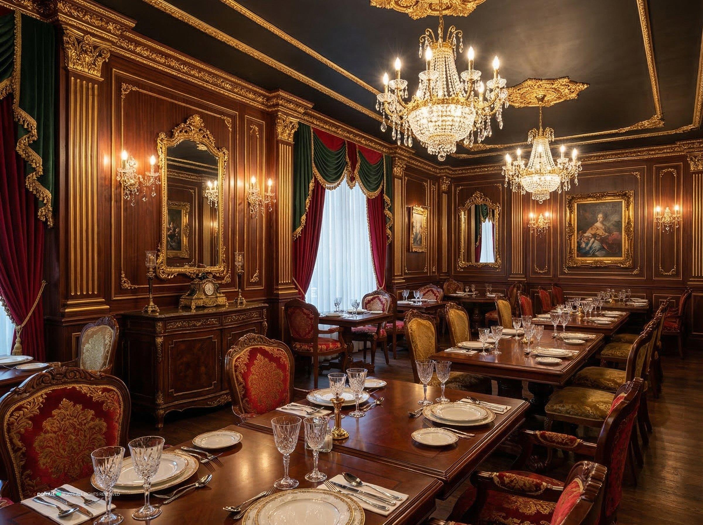 Baroque dining room with carved wood paneling, red velvet curtains, a long table and crystal chandeliers