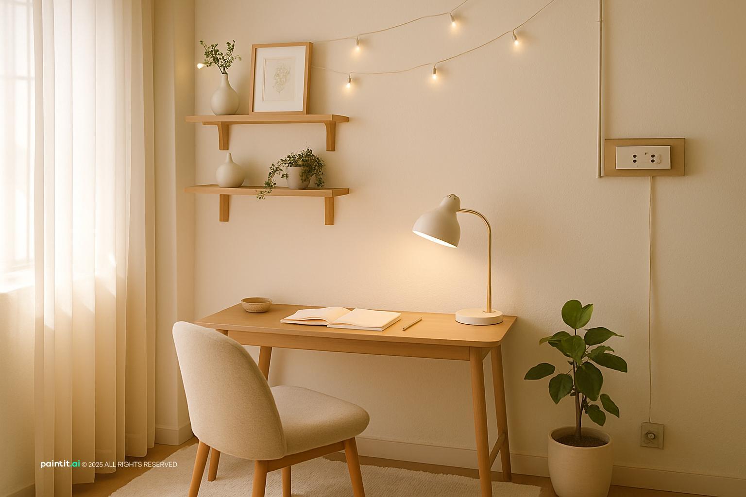 Korean-style study space with soft light, compact desk, and calm neutral palette