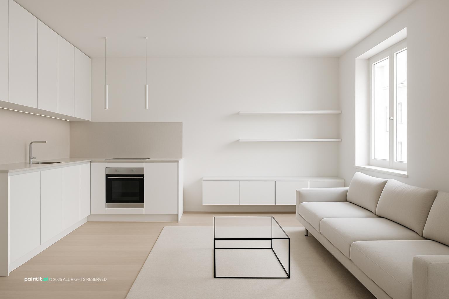 Minimalist wine red living room and kitchen redesign, sleek white cabinetry and light gray quartz countertops.
