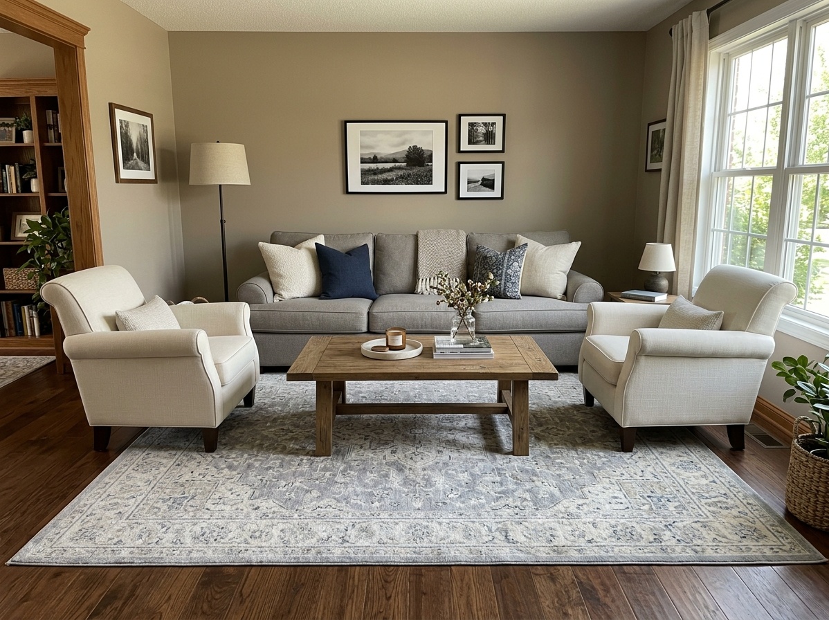 Classic living room conversation zone with gray sofa facing two armchairs, coffee table between them, and area rug anchoring the U-shaped arrangement