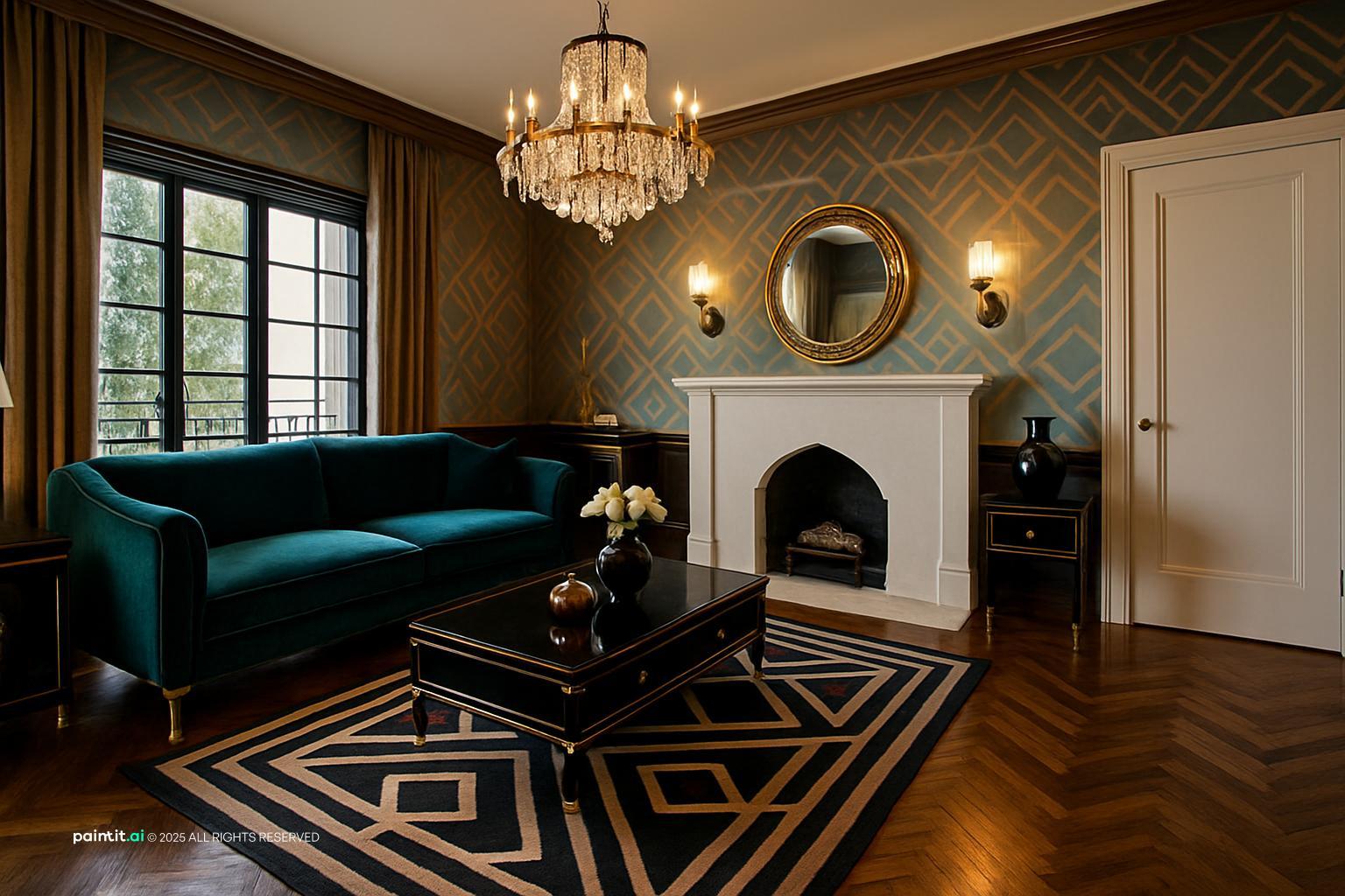 Art Deco living room with a white fireplace, patterned wallpaper, emerald chairs and a geometric rug