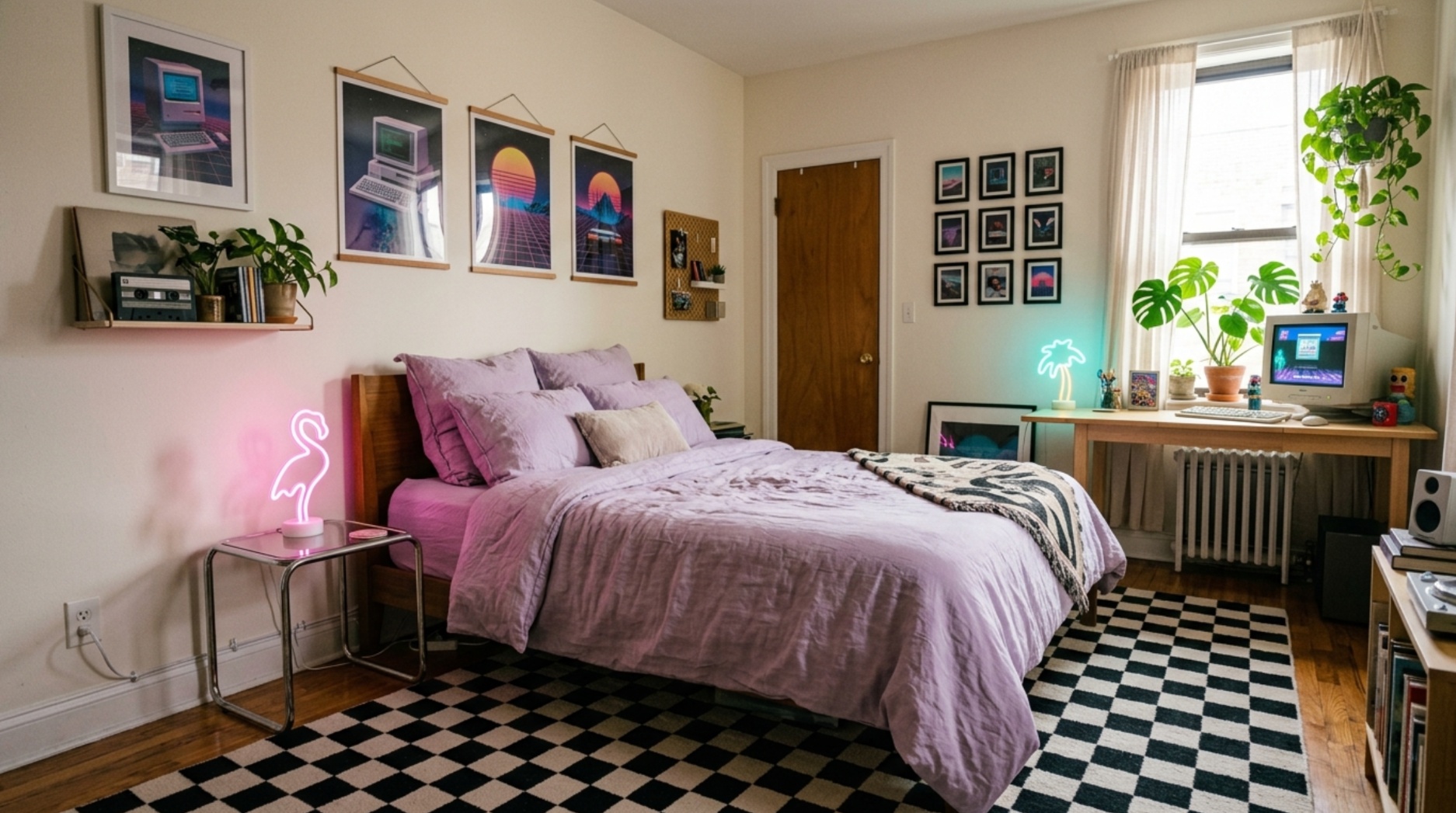 Renter-friendly vaporwave bedroom with reversible lighting, art and textiles  Vaporwave bedroom ideas