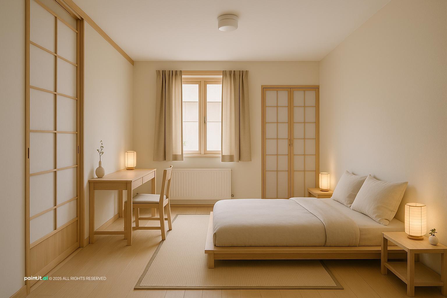 Japanese-style bedroom with a low bed, sliding paper doors and warm wood