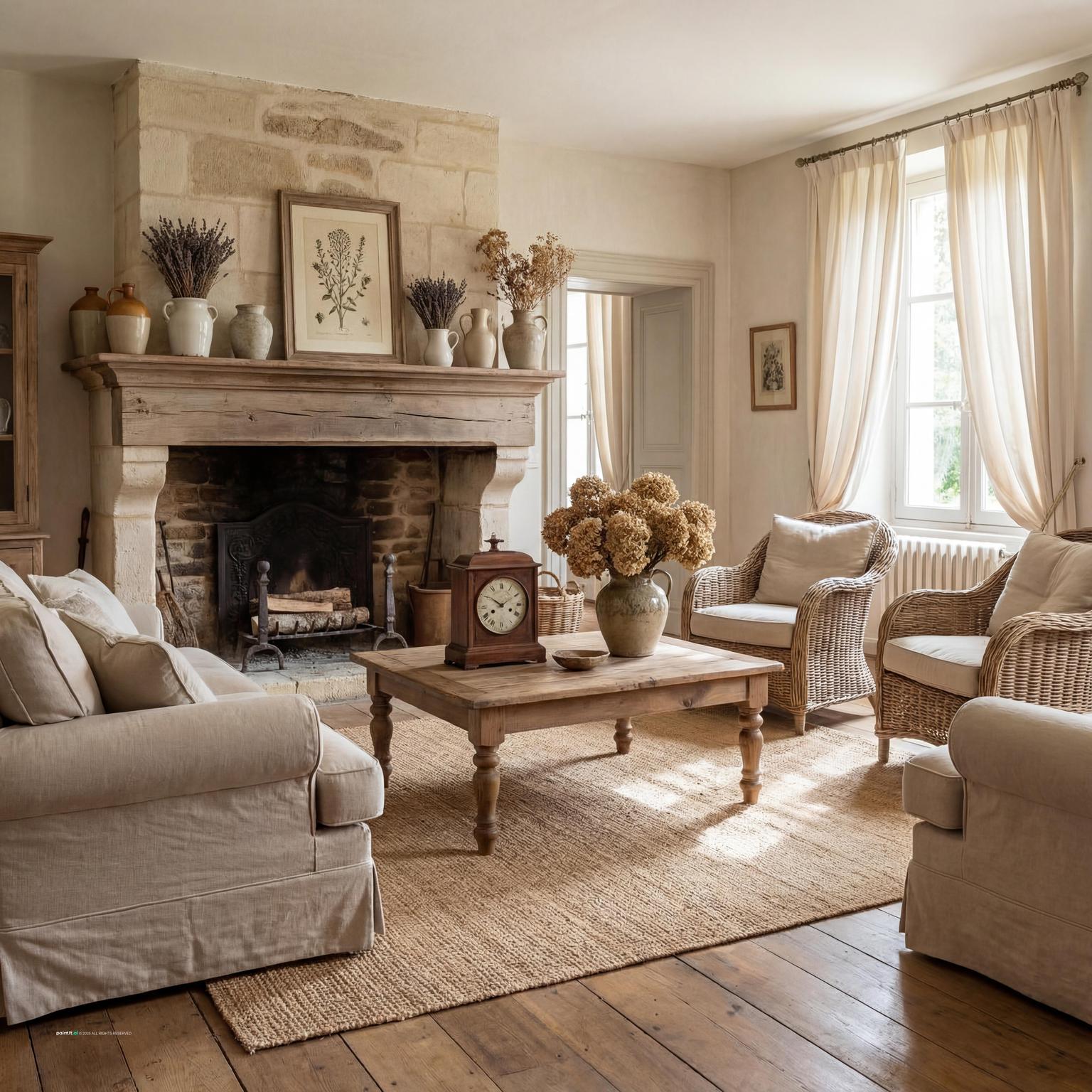 Charming 1940s French Country living room, showcasing soft, muted colors, comfortable seating, and vintage-inspired decor for a nostalgic feel.