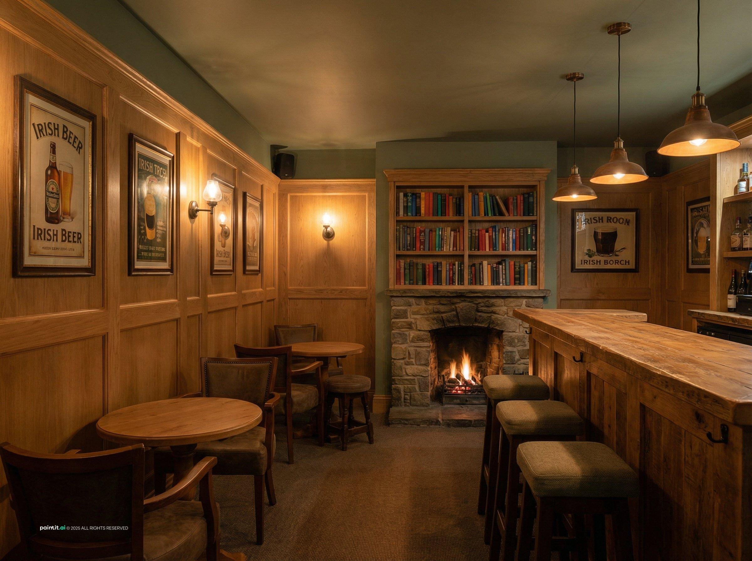 Cozy Irish pub with green walls, wood paneling, a bookshelf, pendant lights and a fireplace