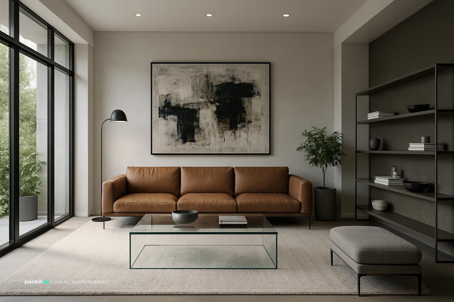 Minimal living room with a tan leather sofa, a glass coffee table and black shelving