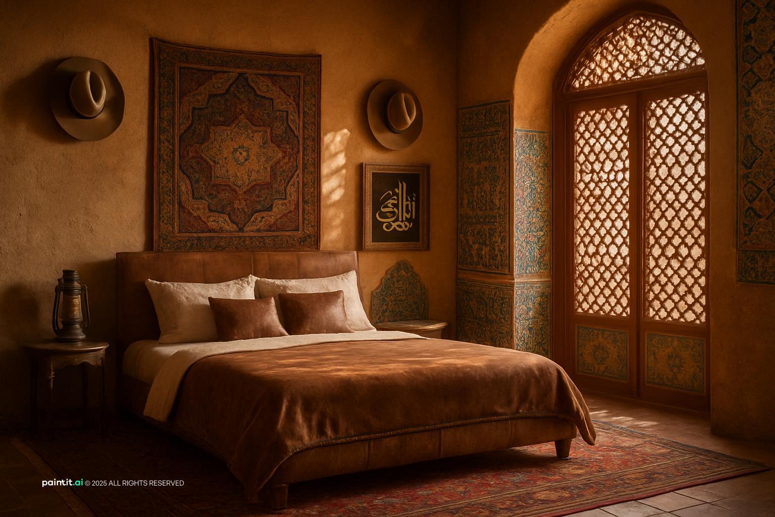 Bedroom with terracotta plaster walls, carved wooden doors, a rust bedspread and a woven wall hanging