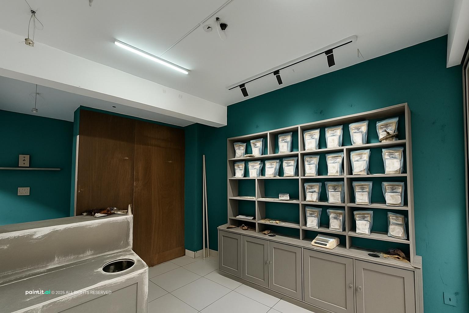 Small showroom with teal walls, white cubby shelving and a cupboard for grouped products