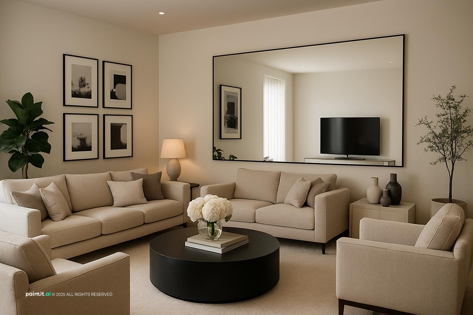 Bright living room with cream sofas, a large mirror, framed art and even neutral light