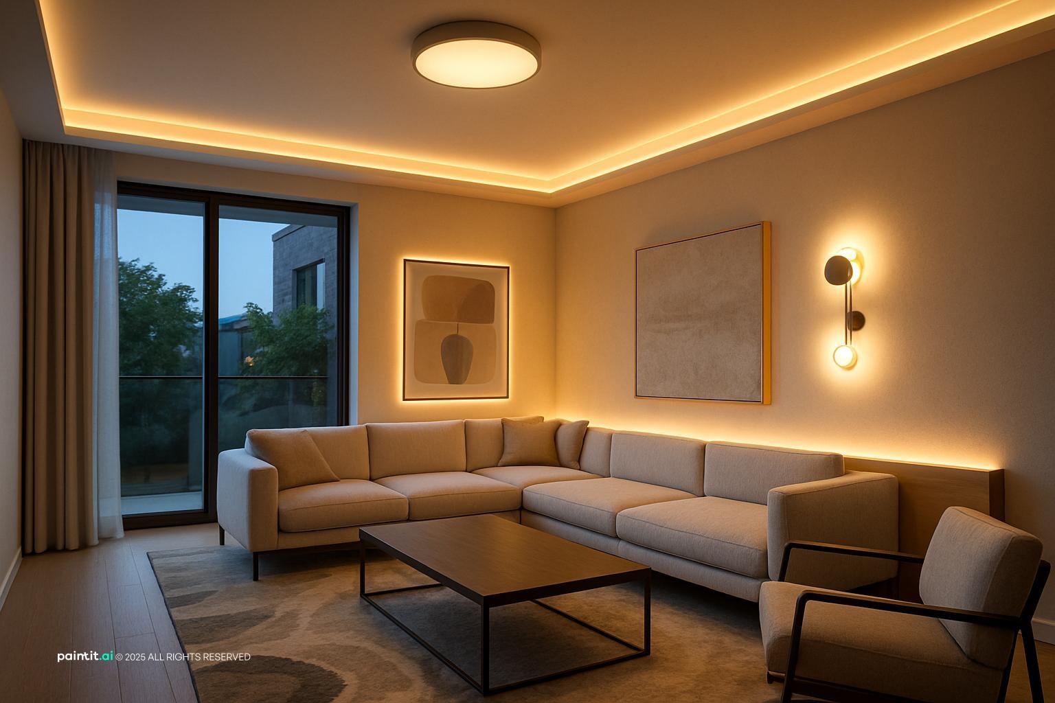 Contemporary living room with warm cove lighting, a glowing wall panel, a beige sectional and a black coffee table