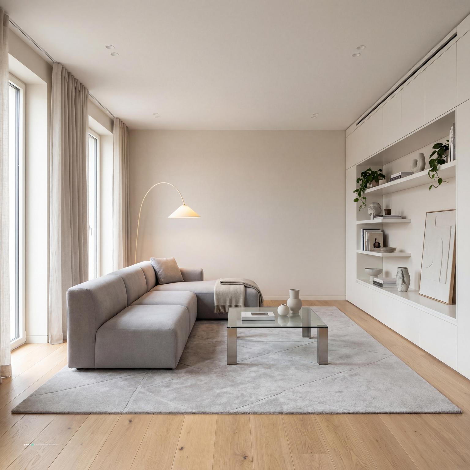 Staging an elegant modern minimalist living room: sophisticated simplicity, clean aesthetic, and an airy feel perfect for contemporary homes.