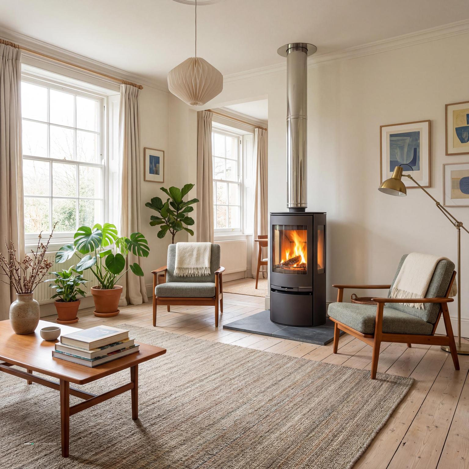 Vintage Scandinavian 1940s living room showcasing streamlined designs, natural wood, and cozy textiles for an inviting atmosphere.