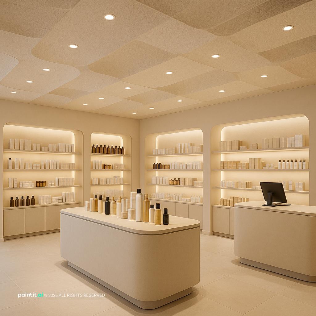 Small cosmetics shop with retail shelving and product display