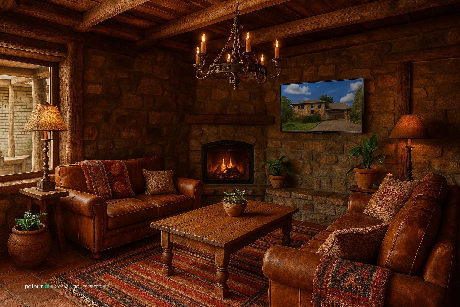 Rustic living room with a brick fireplace wall, a leather sofa, a wooden coffee table and a red patterned rug