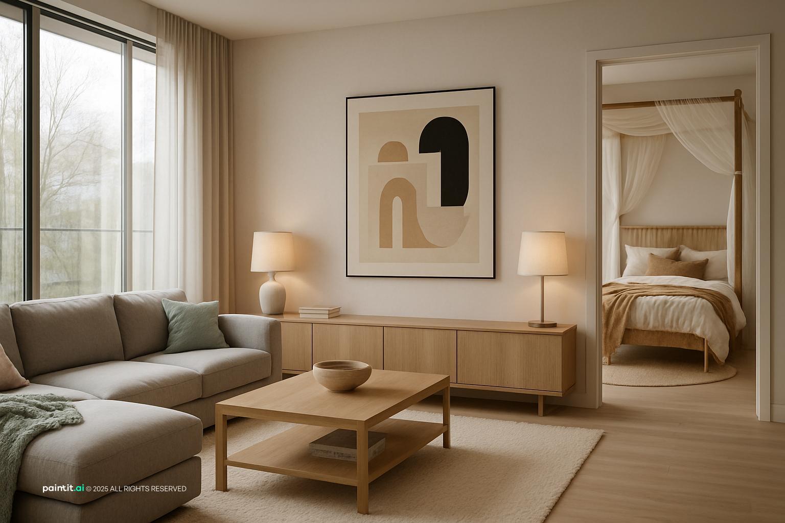 biophilic living room with natural textures and a calm living room atmosphere for a calmer living room layout.