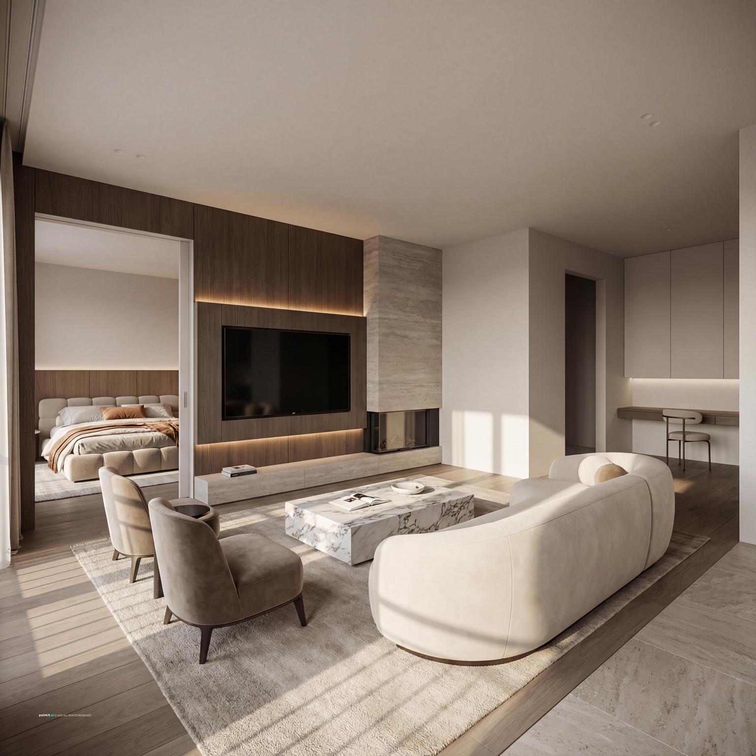 Premium contemporary living room with neutral palette and high-end material finish