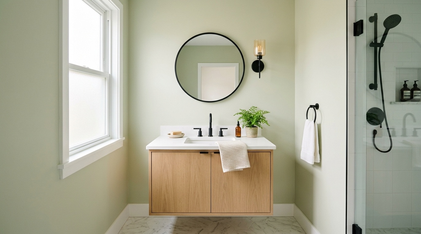 small bright bathroom with pale warm light-green walls