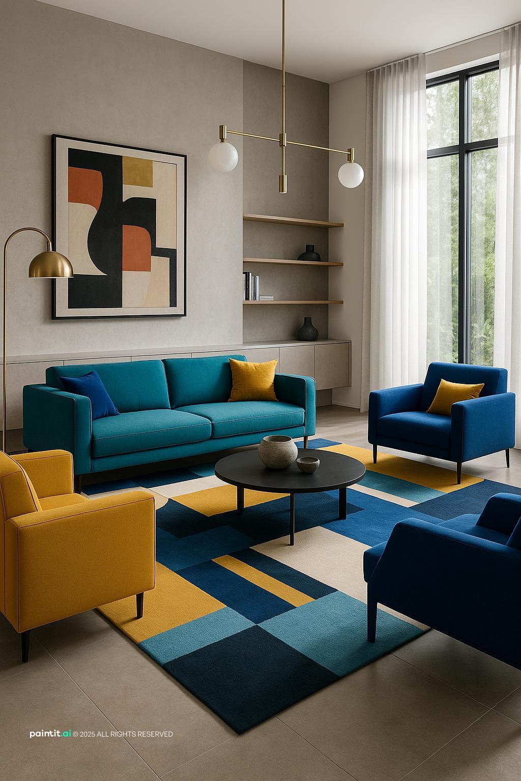 Yellow and Turquoise Living Room - Design Ideas | Paintit.ai - 4