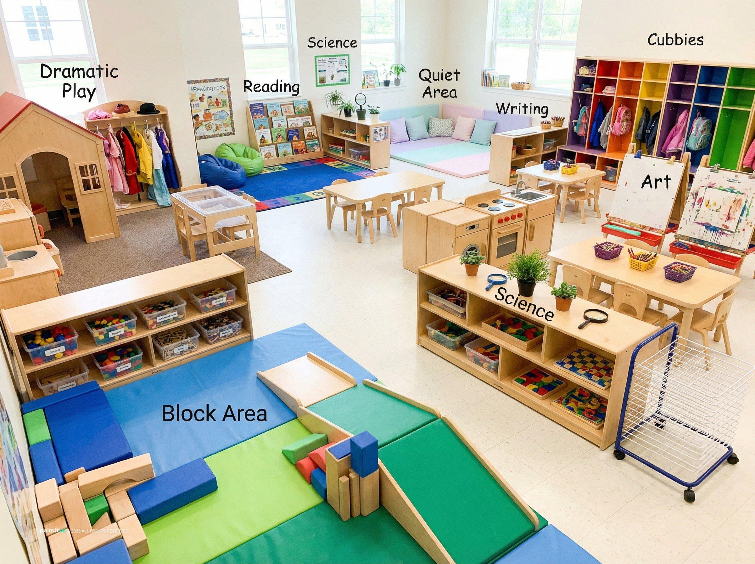 Preschool classroom divided into labeled zones for blocks, art, reading and dramatic play